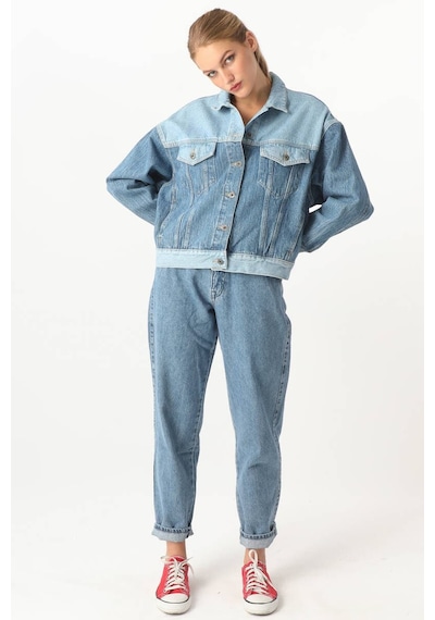 Kadın Renk Bloklu Oversize Jean Ceket Mavi 001