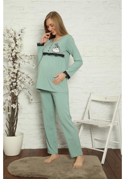 İbrahim Burak Etiler Collectıon Moda Çizgi Kadın Hamile Lohusa Su Yeşili Pijama Takımı 45201
