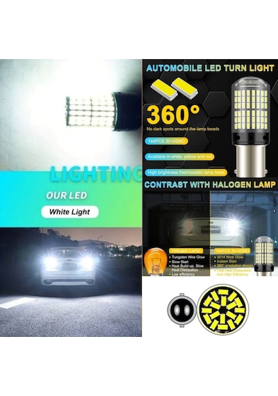 Carub 12V Ampul Beyaz Çakarlı 1016 BAY15D 144 Smd Led Çift Duy Oto Gündüz Farı Geri Vites Fren Stop Park Lambası Ampulü 2li Set