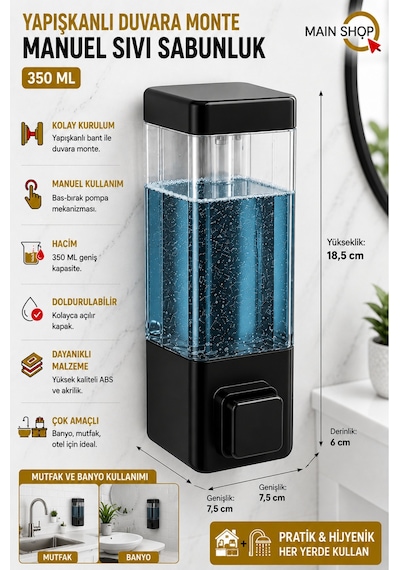 Mainshop 1 Adet Yapışkanlı Duvara Monte Banyo Ve Mutfak Manuel Sıvı Sabunluk 350 Ml Doldurulabilir M-53