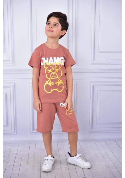 Veramoni Unisex Change Baskılı Çocuk Kısa Kol Yazlık Beli Lastikli Cepli Şort Alt Üst Takım Kiremit Rengi