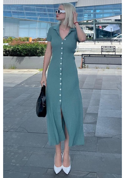 Madmext Mint Yeşili Düğmeli V Yaka Uzun Triko Elbise Mg2078-mint Yeşili Mint Yeşili