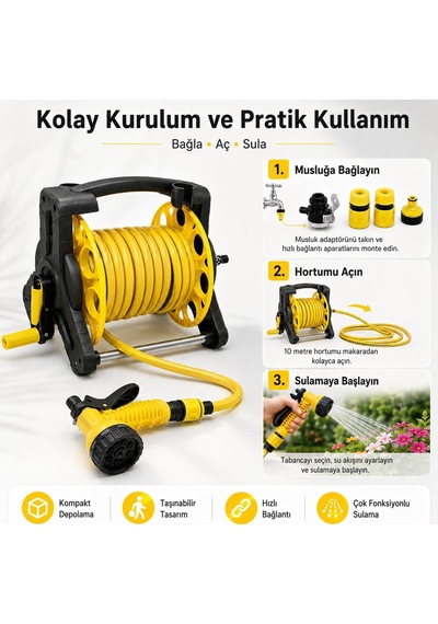 10 Metre Taşınabilir Makaralı Bahçe Hortum Seti, 8 Fonksiyonlu