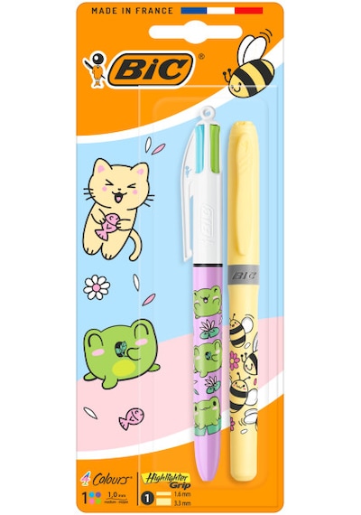Bıc 4 Colours Kawaii Animals 4 Renkli Tükenmez Kalem + Fosforlu Kalem 2 Li Set Çok Renkli