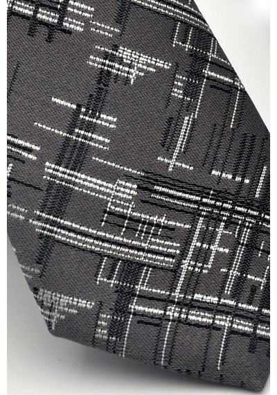 Gaffy Siyah Beyaz Kırcıl Desenli Gri Dokuma Kumaş Mendilli Slim Fit Kravat // Sdk-2611-3 Gri