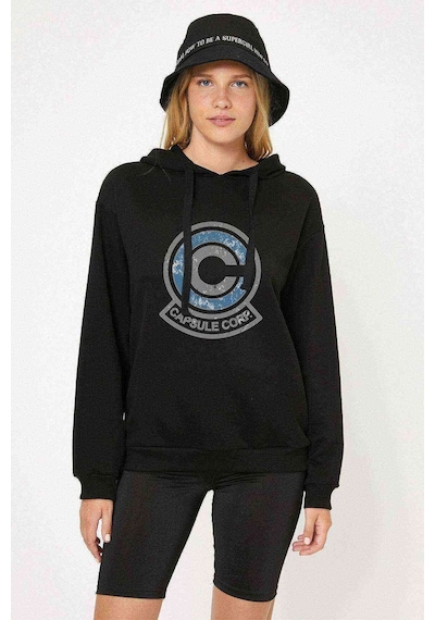 Capsule Baskılı Siyah Kadın Kapşonlu Sweatshirt