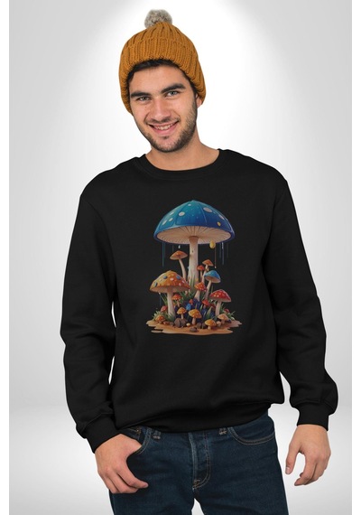 Renkli Mantar Süsler Unisex Siyah Baskılı Sweatshirt Siyah