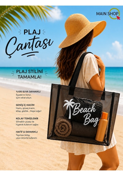 Mainshop Siyah Şeffaf Beach Bag Kadın Plaj Çantası Büyük Hacimli M-plj01
