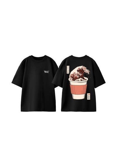 Thewert The Great Wave 2 Tasarım Sırt Baskılı Pamuk Siyah Oversize T-shirt