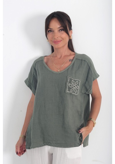 By Saygı Kadın İtalyan Cotton V Yaka Örgü Dantel Tek Cepli Oversize Keten Bluz Haki