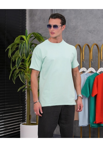 Modefendi Pamuk Likra Yırtmaç Detaylı 2 İplik Oversize Tshirt Su Yeşili