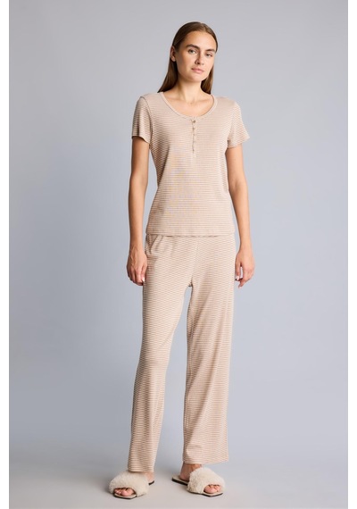 Defacto Regular Fit Çizgili Düğmeli Kısa Kollu 2li Pijama Takımı F9838ax26aubg402 Bej-bg402