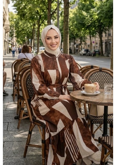 Hb Harma Time Butik Kadın Kuşaklı Viskon Kumaş Tesettür Kahverengi Elbise