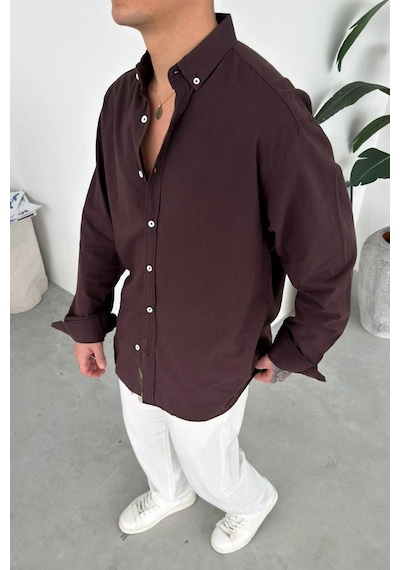 Kahverengi Oversize Fresh Keten Gömlek Kahverengi Kahverengi Oversize Fresh Keten Gömlek Kahverengi