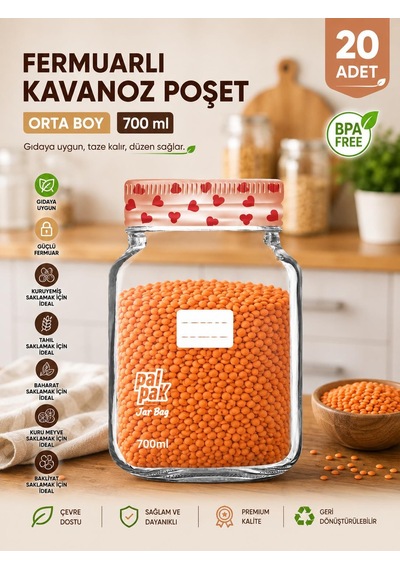 Kalp Desenli Kavanoz Görünümlü Saklama Poşeti 15x22 Cm - 700 Ml 20 Adet Şeffaf