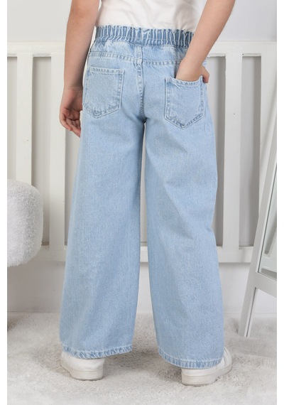 Moonch Kız Çocuk Çiçek Nakışlı Geniş Paça Jean Pantolon Mavi