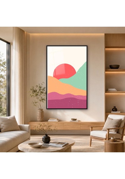 Pastel Güneş Tepeleri Siyah Çerçeveli Cam Tablo