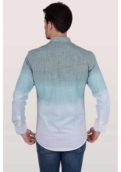 Panolu Yeşil Beyaz Geçişli Slimfit Keten Erkek Gömlek Yeşil