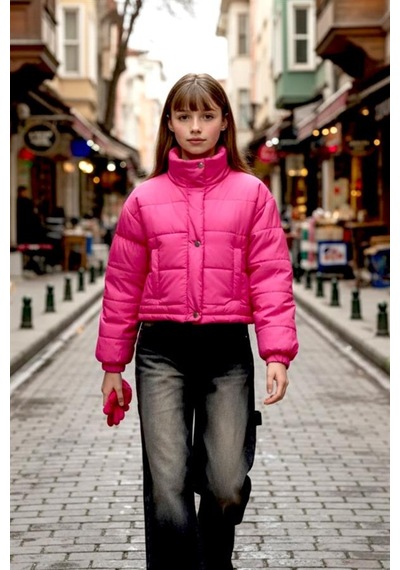 Genel Kız Çocuk Pembe Çıtçıtlı Fermuarlı Şişme Mont