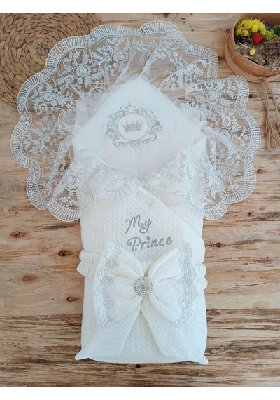Yenidoğan Pamuk Taç Benim Prensim Nakışlı Trilüks Kundak Bebek Battaniyesi Ekru Ekru
