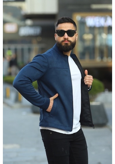 Premium Örme Triko Kol Dik Yaka Süet Ceket Lacivert