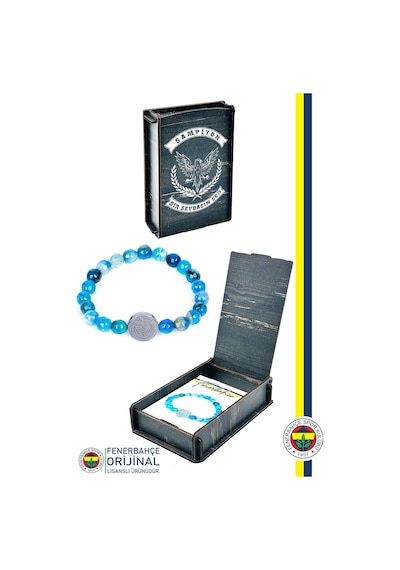 Fenerbahçe Lisanslı Fb Mavi Akik Fasetli Doğaltaş Bileklik Hediyelik Ahşap Kutulu