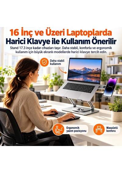 2'si 1 Arada Laptop Standı, Karbon Çelik 360 Döner Yükseklik Ayarlı, Gizlenebilir Magsafe Uyumlu Telefon Tutuculu Notebook Standı, Macbook Uyumlu, 17.3 İnçe Kadar Gümüş