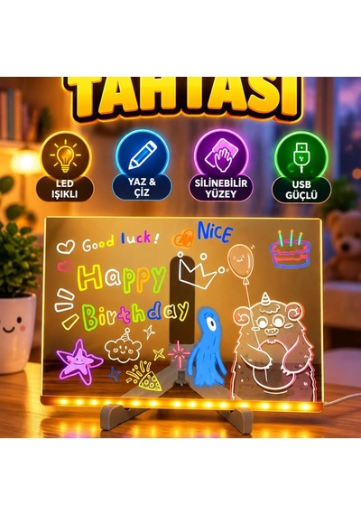 Usb Led Akrilik Yazı Ve Çizim Tahtası Silinebilir Işıklı Not Panosu