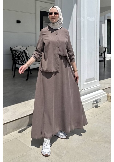Rabia Şamlı Lavin Etekli Takım Kahve Normal Rabia Şamlı Lavin Etekli Takım Kahve Normal