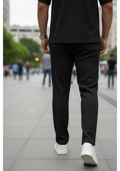 Fifty Color Unisex Trend Bürümcük Krinkıl Kumaş Yazlık Likralı Kısa Kol Gömlek Ve Eşofman Takım Siyah