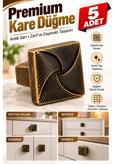 Haskan Gül Düğme Kulp Antik Sarı 5 Adet