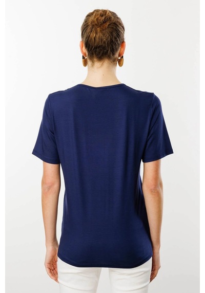 Desen Triko Kadın Açma Yaka Nakış İşlemeli Penye T-shirt 25700 Lacivert Lacivert