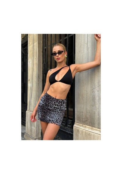 Winmoda34 Kadın Mini Leopar Tül İçi Astarlı Etek Gri-leopar