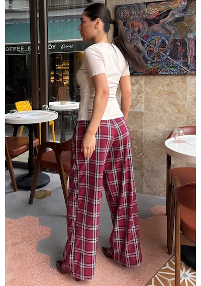 Madmext Bordo Kare Desenli Rahat Kesim Pantolon Mg2728