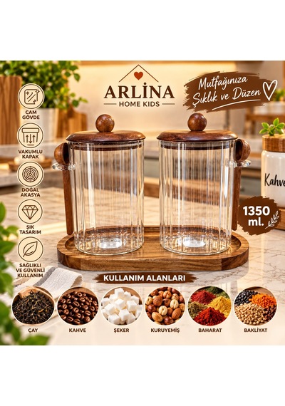 İkili 1350 Ml Akasya Kapaklı Kaşıklı Akasya Standlı Cam Kavanoz Seti Kahverengi