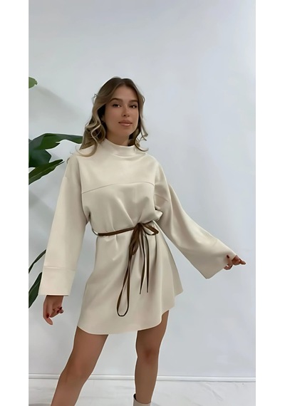 Bej Renk Süet Ultra Kaliteli Tunik Elbise - Bej