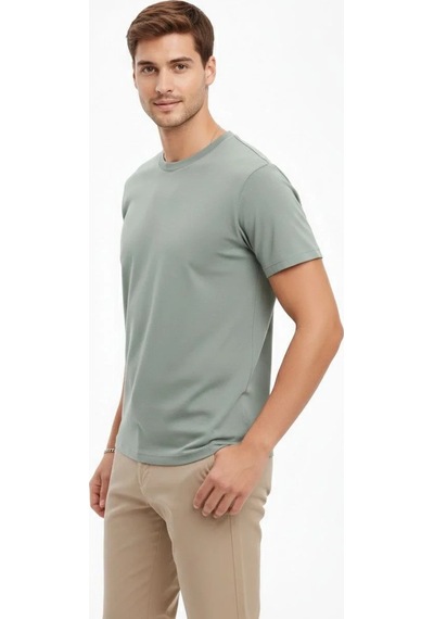 Erkek Bisiklet Yaka Yazlık Kısa Kol Düz Tişört Regular Kalıp T-shirt - Mint Yeşili