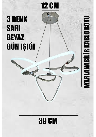 Aras 3 Renk Kumandasız Krom Salon Led Avize Ledli Avize Oturma Odası Avize Gümüş - Krom