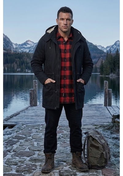 Alaska The Last Frontier Regular Fit Çıkarılabilir Kapüşonlu Saf Pamuk Gabardin Kumaş Uzun Parka Kaban Siyah