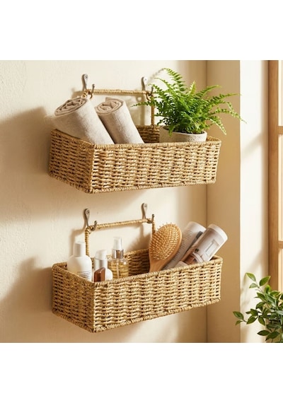 2 Li Duvar Askılı Plastik Rattan Organizer Dikdörtgen Hasır Görünümlü Mutfak Raf Sepeti, Banyo Ve Ev İçi Renkli