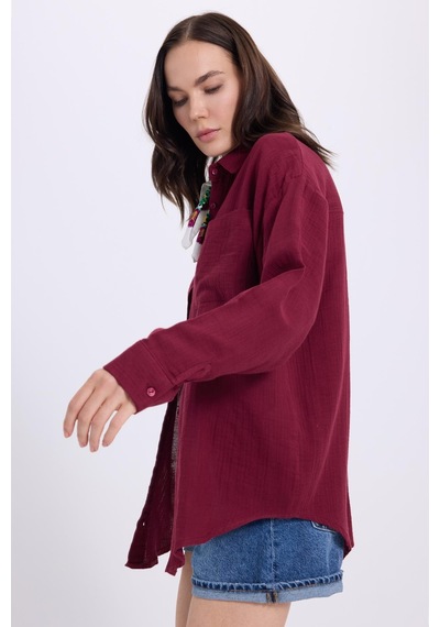 Tudors Kadın Oversize Geniş Kesim %100 Pamuk Müslin Kumaş Uzun Kollu Cepli Dokulu Bordo Gömlek-36982 Bordo
