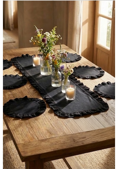 Yunusoğlu Home Fırfırlı Runner Ve Supla Takımı - Masa Örtüsü Takımı 7 Parça 150x50 Cm Siyah