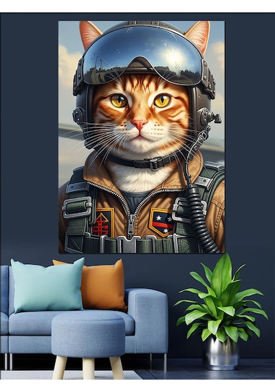 Ahşap Tablo Pilot Kasklı Kedi Portresi