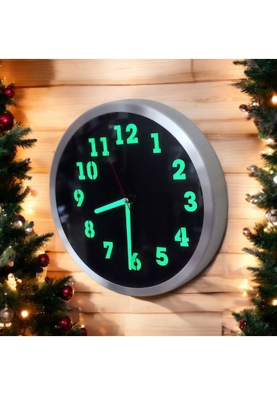Fosforlu Metal Çerçeveli Duvar Saati 30 Cm Siyah
