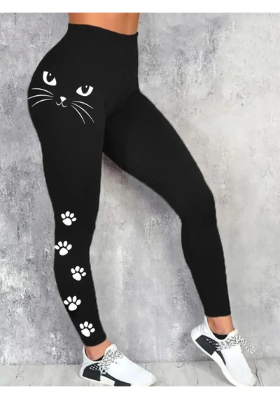 Ramımse Kadın Yüksek Bel Kedi Baskılı Dalgıç Tayt SiYAH