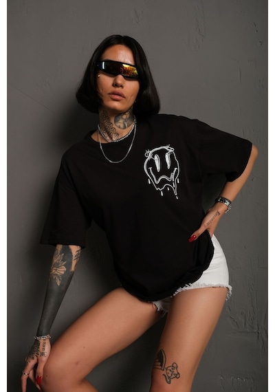 Technomonkey Oversize Eriyen Smiley Baskılı Unisex Tişört Siyah