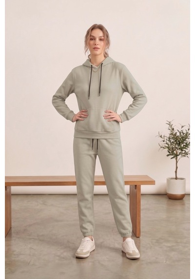 Moibody Kadın 3 İplik Şardonlu Eşofman Takımı Premium Kapüşonlu Sweatshirt Ve Jogger Alt Bej Bej