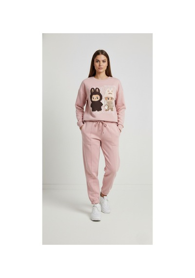The Kadın Soft Touch Ayıcık Desenli %100 Pamuk Sweatshirt - Casual Fit- Krem/pembe Pembe