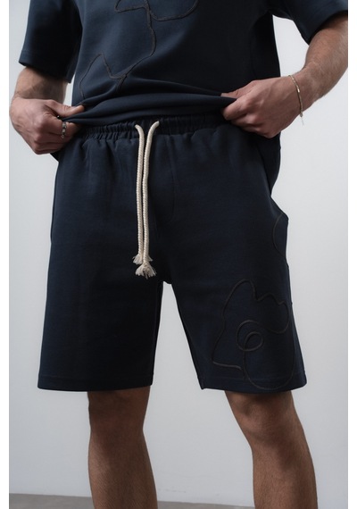 Erkek Nakış Detaylı Regular Fit T-shirt Şort Takım Lacivert