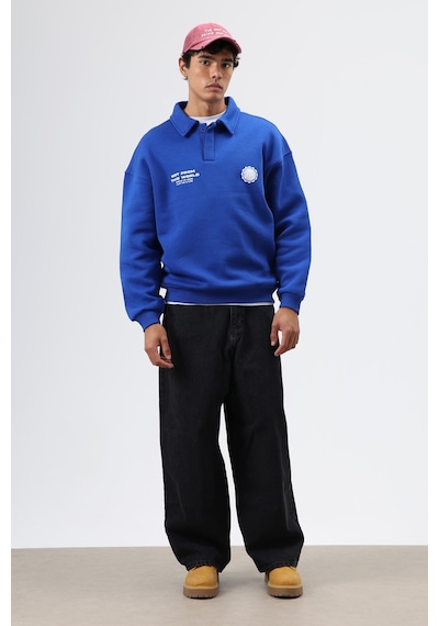 Vamos Polo Yaka Oversize Baskılı Yıkamalı Sweatshirt Saks Mavi